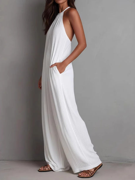 Halter-neck Sleeveless Resort-style White Pleated Backless Wide-leg Jumpsuit