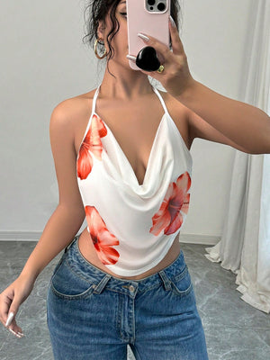 Resort-style Floral Print Halter Neck Top