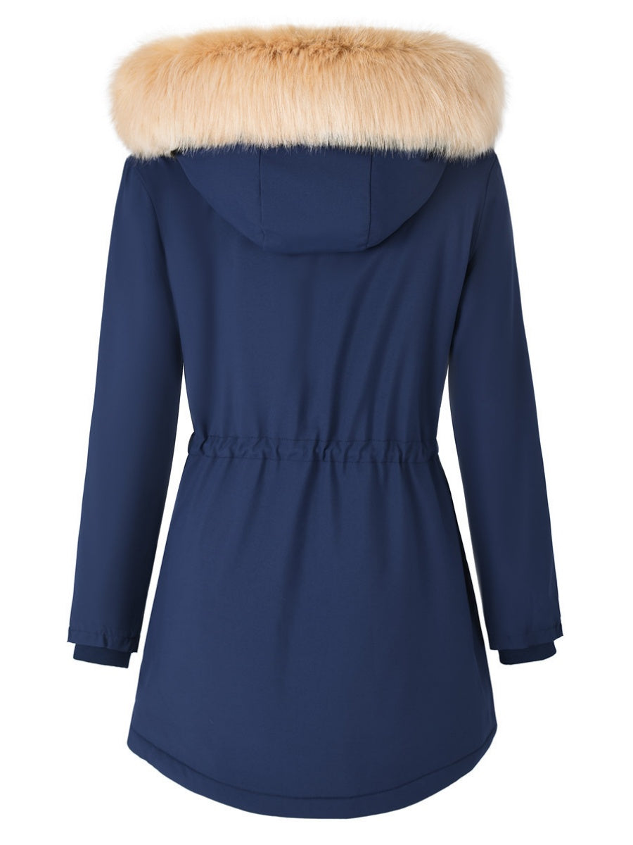 Mid-length Raincoat Water Proof Outdoor Drawstring Fur Collar Cotton-padded Jackets And Windbreakers