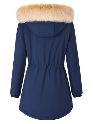 Mid-length Raincoat Water Proof Outdoor Drawstring Fur Collar Cotton-padded Jackets And Windbreakers