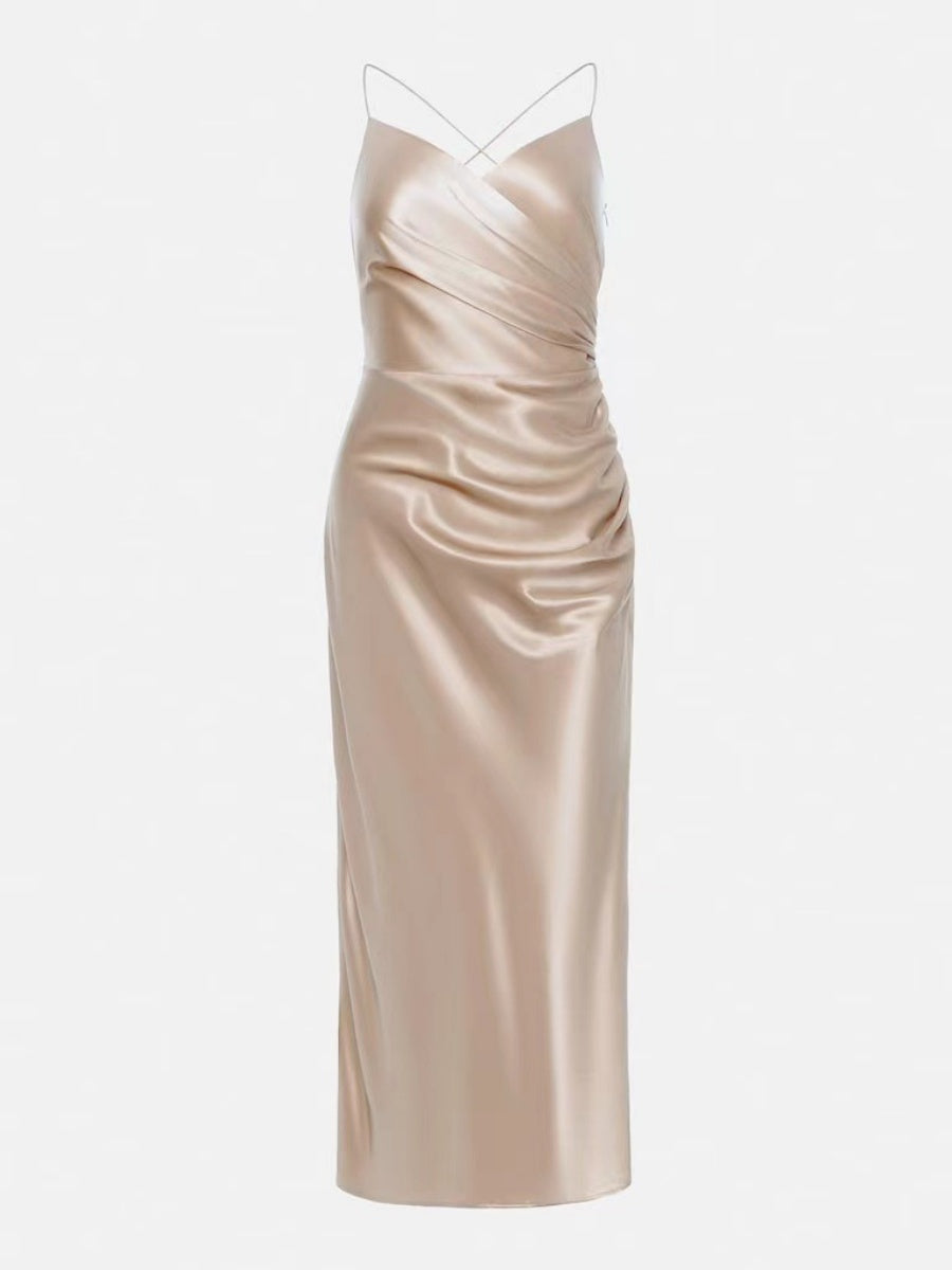 Satin Sexy Backless Halter Top With Slit Maxi Dresses