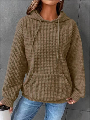 Waffle Drawstring Pocket Round Neck Long Sleeve Hoodie
