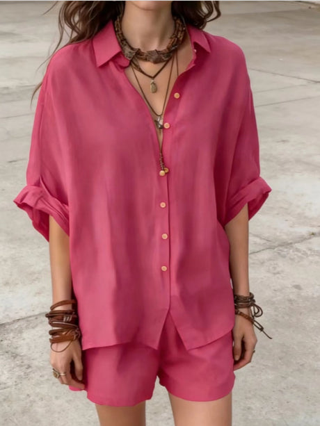 Blended Loose-fit Mid-length Sleeves Shirts Shorts Set 2-piece Sets