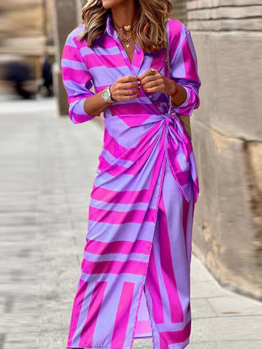 Wrap-up Shirt Collar Lace Up Printed Maxi Dresses