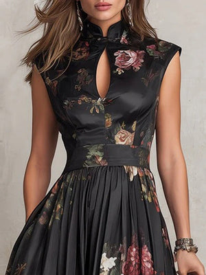 Chinese Collar Chinese Knot Hollow Sleeveless Black Midi Dresses