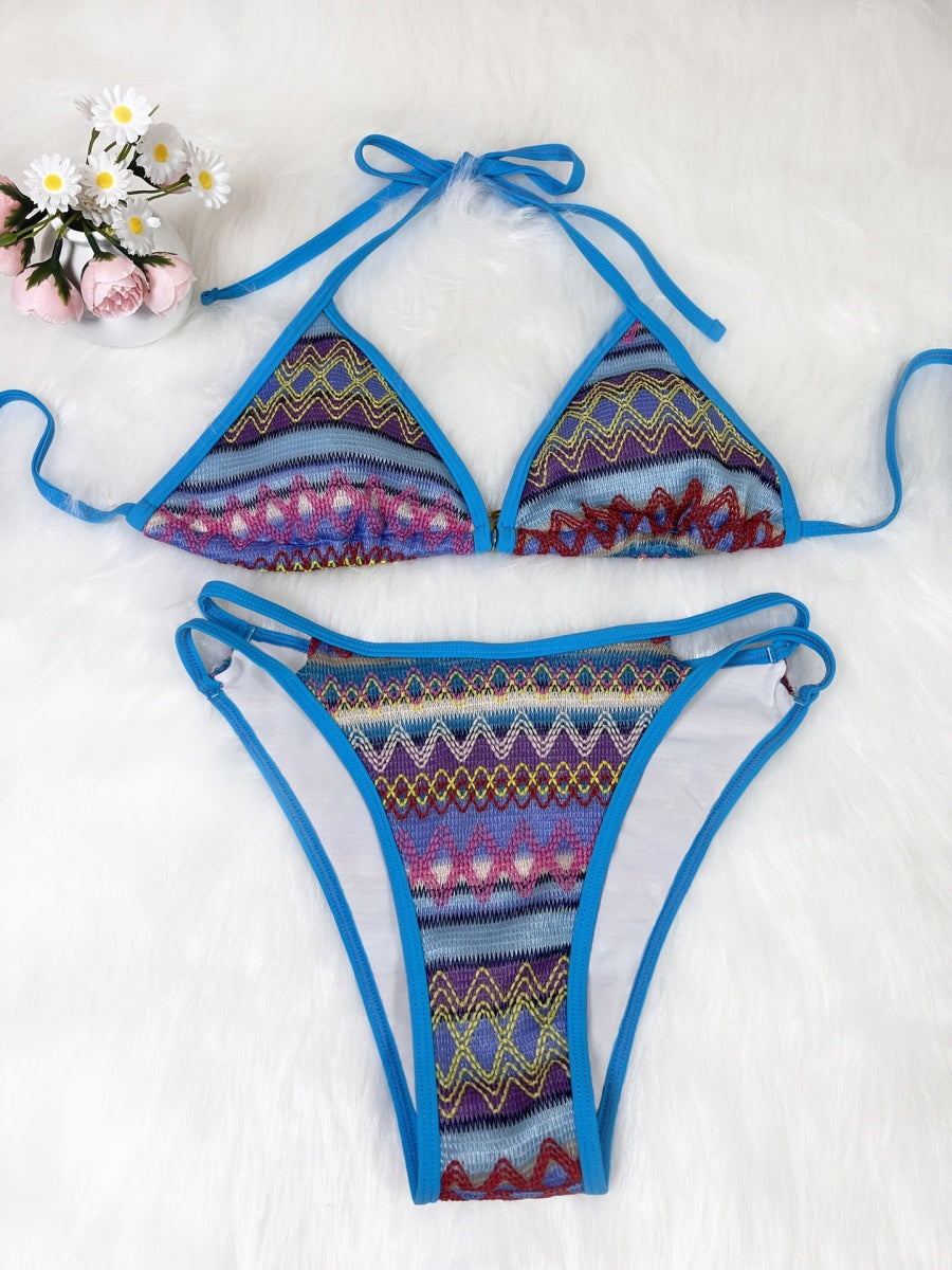 Knitted Color-blocked Striped Tie-up Bikini