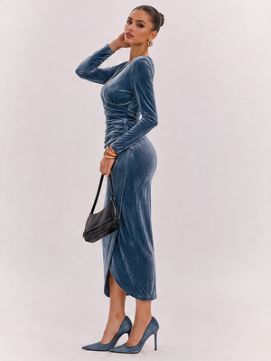 Goose Down V-neck Dress, Slim Fit, Pleated Patchwork, Irregular Skirt, Elegant Long Dress