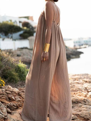 Cotton Linen Women's Suspender Backless Loose Jumpsuit