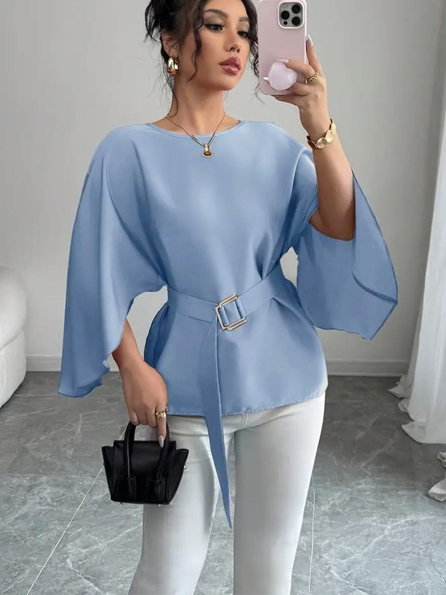 Blue Bell Sleeves With Belt Chiffon Shirt