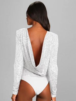 Long-sleeved, Slim-fit, Round Neck, Shimmering, Openwork Bodysuit