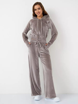 Velvet Zipper Cardigan, Silver Fox Fleece Sweatshirt, Lace-Up Pants 2-piece Sets