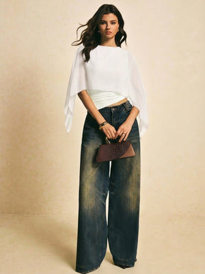 Cape-sleeve T-shirt, Round Neck, Loose Chiffon Cover-up, Elegant Irregular Top/T-shirt