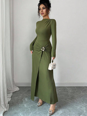 Green Metal Decoration Long Sleeve Hip Knitting Stretch Maxi Dresses