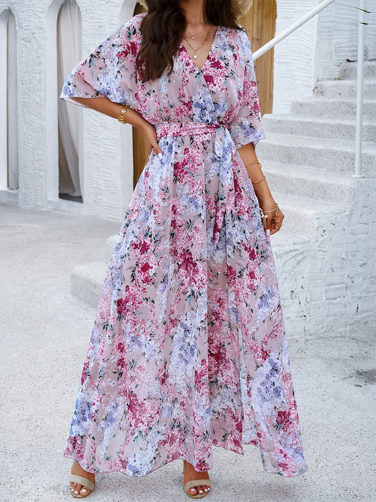 Printed Straps V-neck Short Sleeve Slit Maxi Dresses