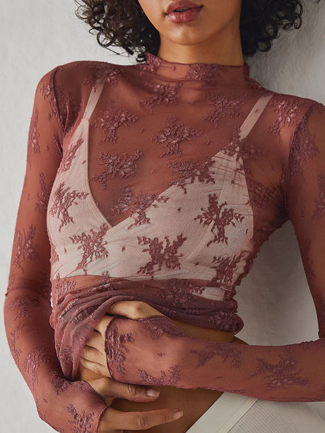 Lace See-through Sexy Mesh Mock Neck Long-sleeved Top