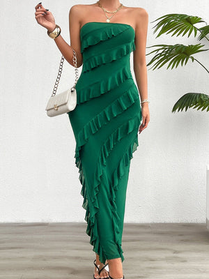 Hip Slim Fit Ruffle Solid Color Strapless Top Maxi Dresses