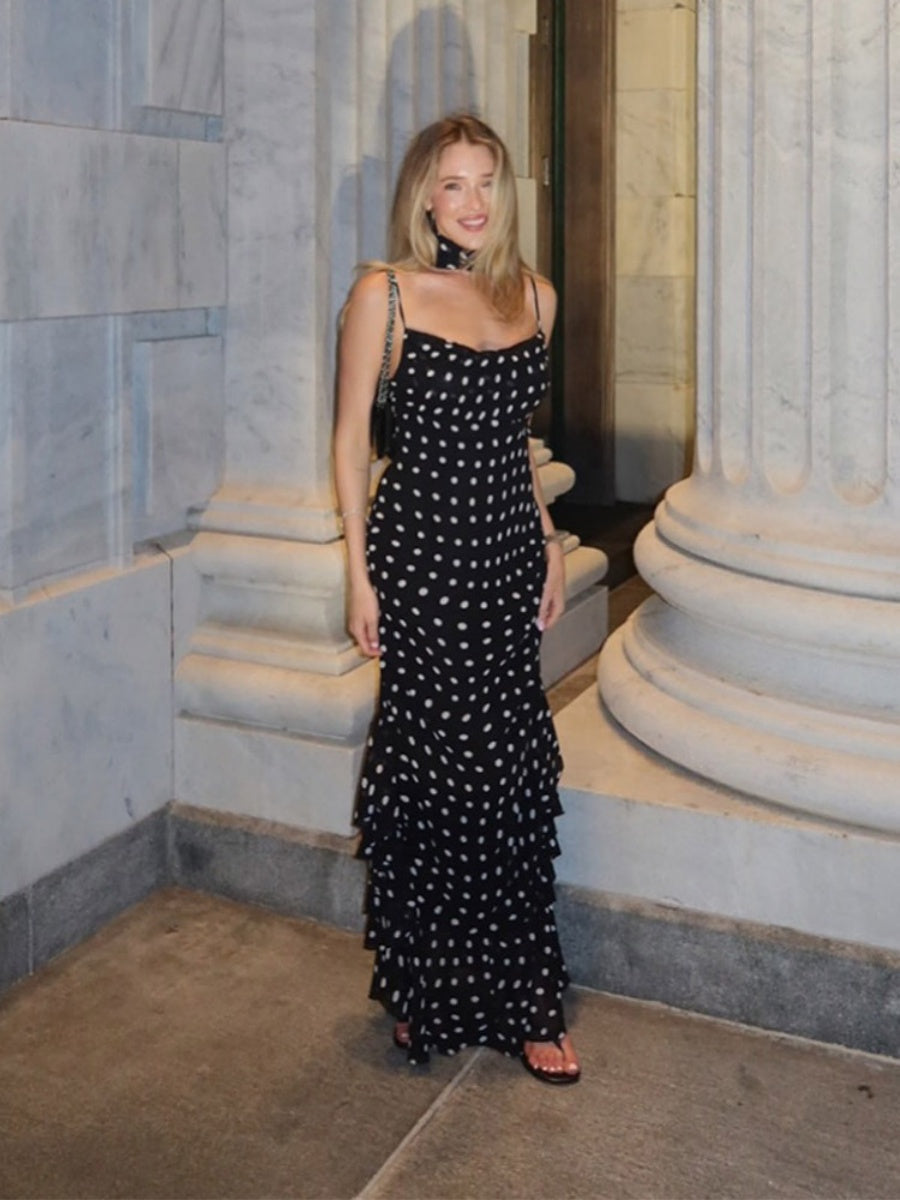 Sleeveless Polka Dot Scarf Collar Ruffled Spaghetti Strap Long Dress