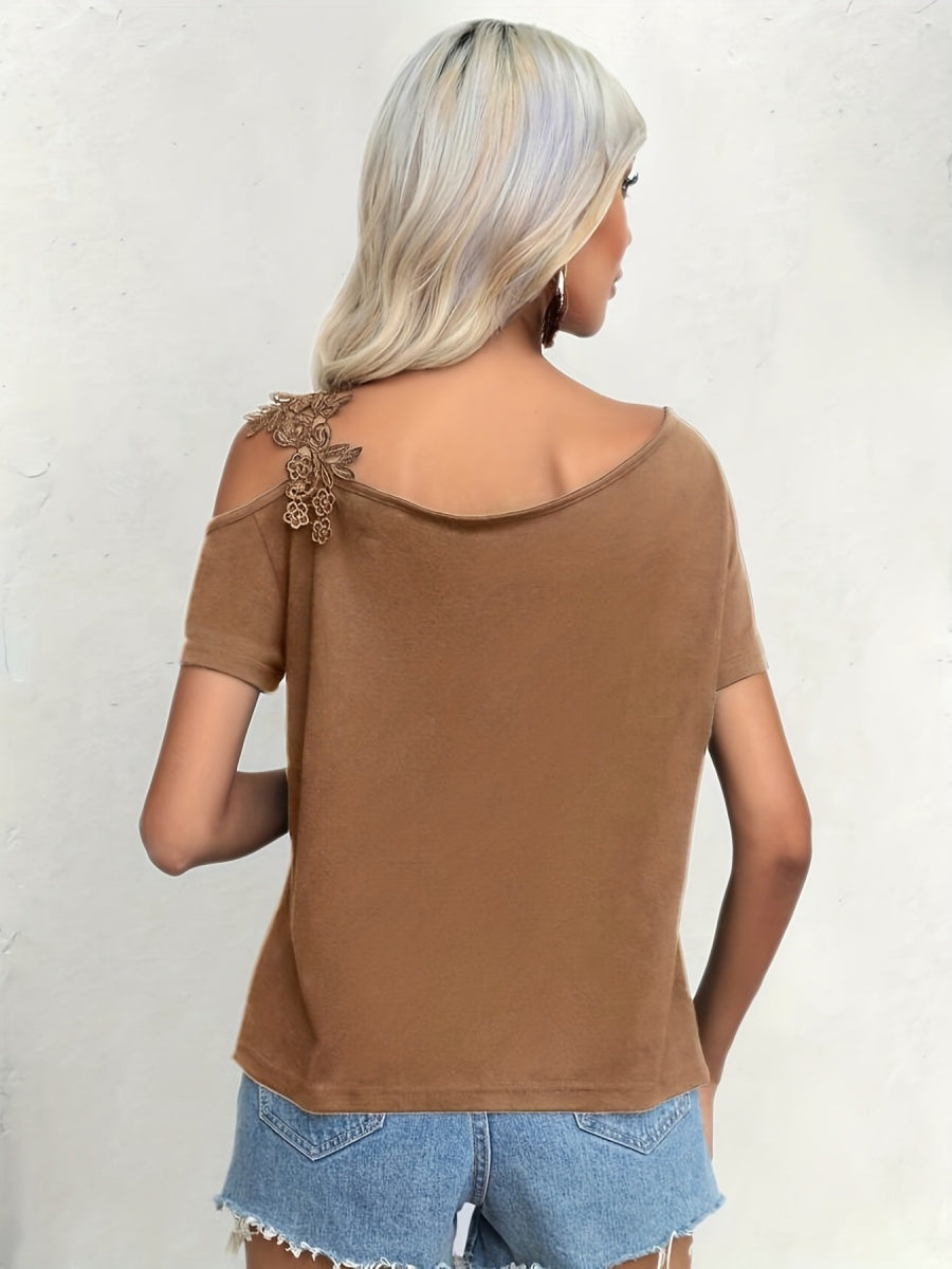 Applique Short Sleeve Splicing Chiffon Blouse