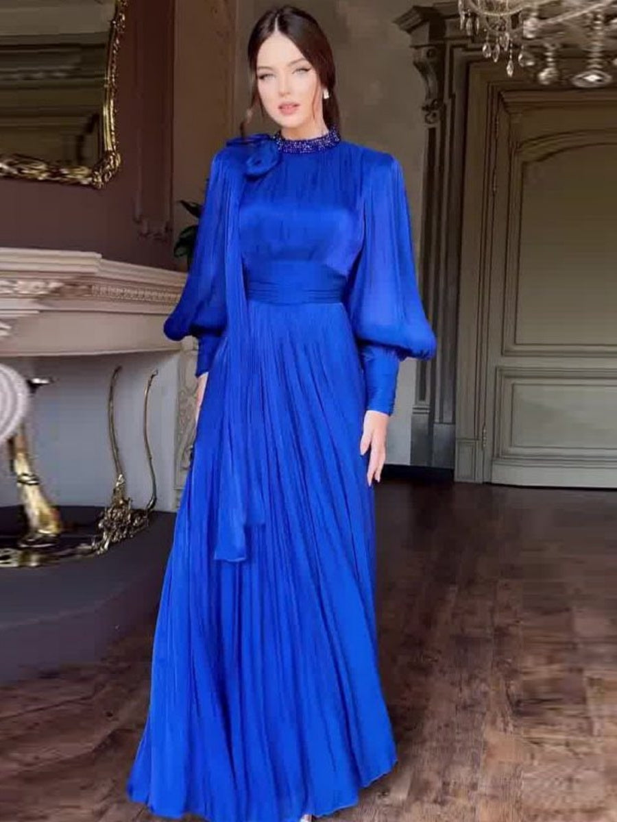 Balloon Sleeve Rhinestone-studded Waist Banquet Maxi Dresses