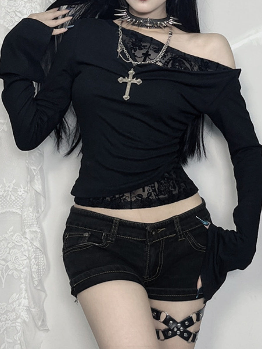 Embossing Slightly Transparent Jacquard Black One Shoulder T-shirts