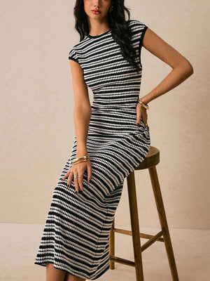 Stripes Knitting Sleeveless Slim Fit Midi Dresses