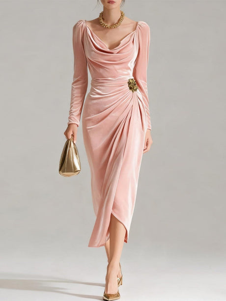 Velvet Cowl Neck Midi Party Dress