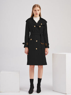 Waist-hugging Cotton Long Sleeve Lapel Three-dimensional Decoration Solid Color Trench Coats