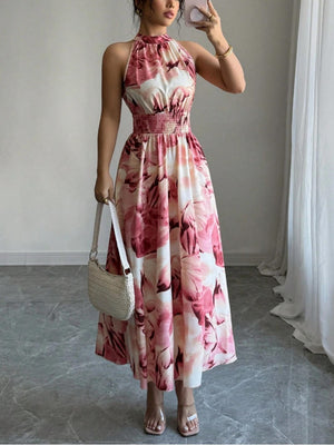 Printed Halter Sleeveless Vacation And Leisure Maxi Dresses