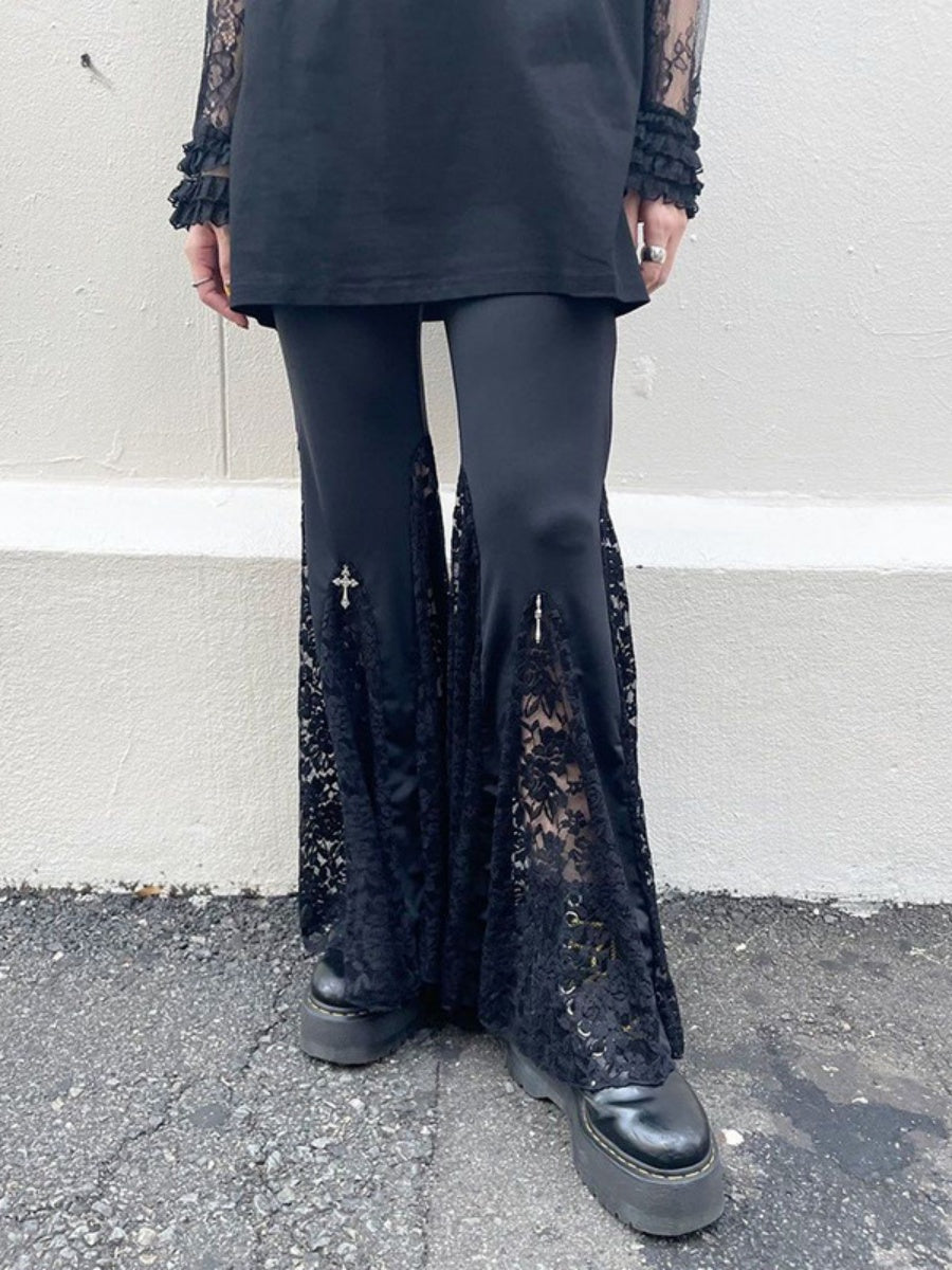 Hollow Lace Black Slightly Flared Pants