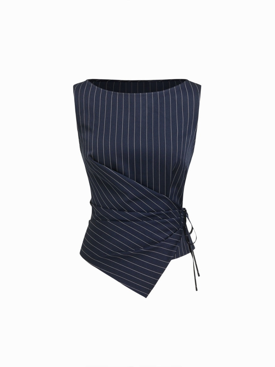 Profession Stripes Sleeveless Asymmetrical Jacket Straight-leg Trousers 2-piece Sets