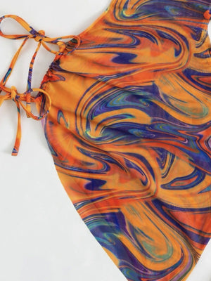 Hollow-out Drawstring Swimsuit Bikini Beach Cover-up Three-piece Set