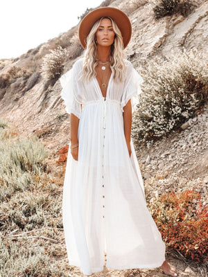 Bamboo-joint Fabric Button Waist Rope Long Cardigan Vacation Beach Jacket Sun Protection Long Skirt Bikini Cover-up