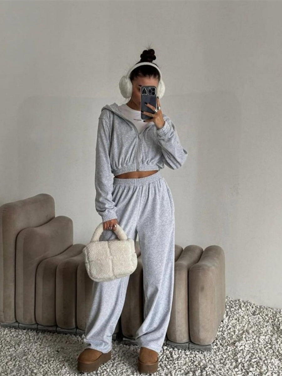 Liber Autumn women's solid color zipper clothing Sweatshirts&Hoodies Long sleeve cardigan two piece set
