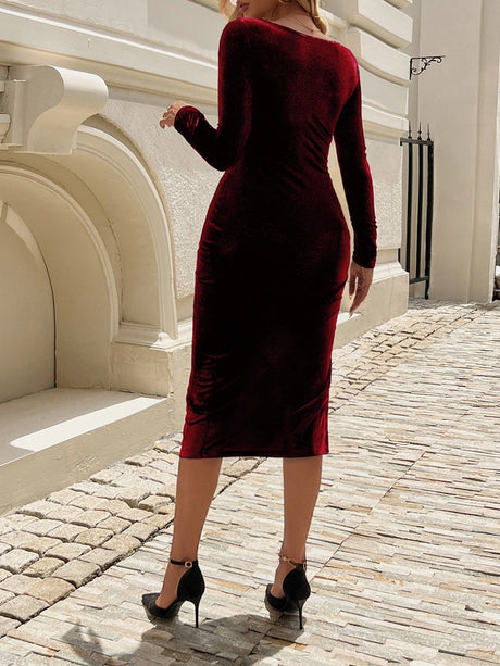Square Collar Low-cut Slit Long Sleeve Velvet Maxi Dresses