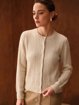 Wool Blend Cable Knit Crew Neck Single-breasted Cardigan