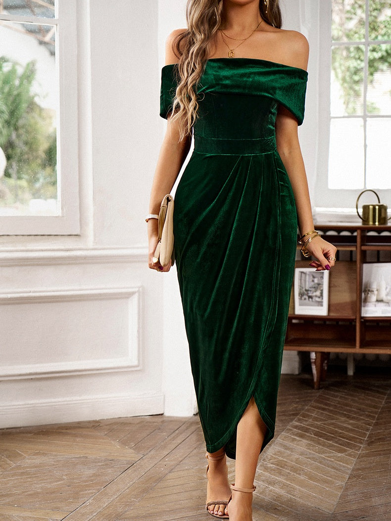 One-shoulder Collar Gathering Hip Velvet Maxi Dresses