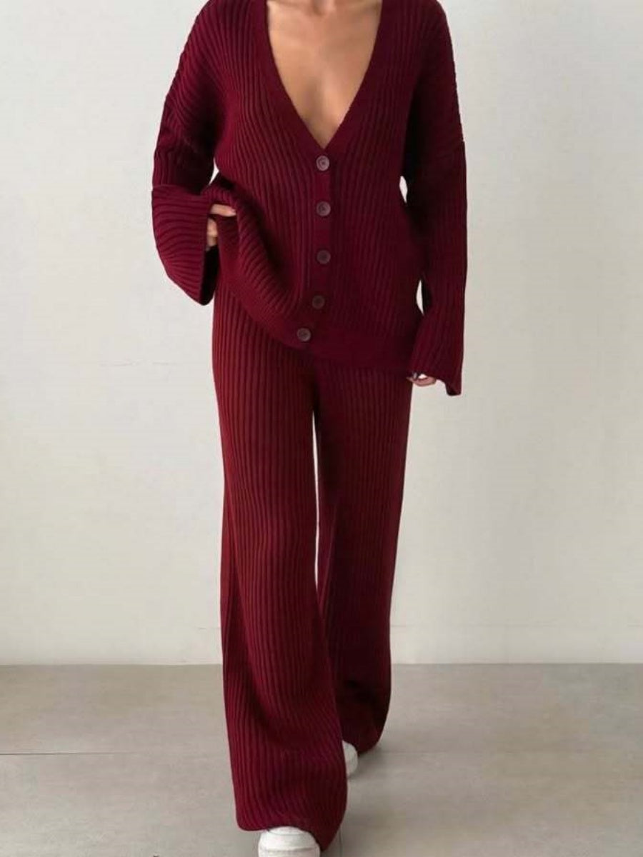 Leisure Solid Color Long Sleeve Buttons Sweaters Cardigans Pants Two-piece Suit