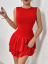 Solid Color Sleeveless Sexy Pleated Short Dress With Ruffled Hem