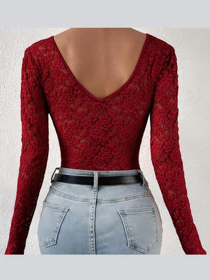 Lace Long Sleeve Perspective Slim Fit Bodysuit