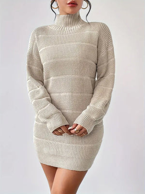 High Collar Long Sleeve Waist-cinching And Hip-hugging Knitted Sweaters Midi Dresses