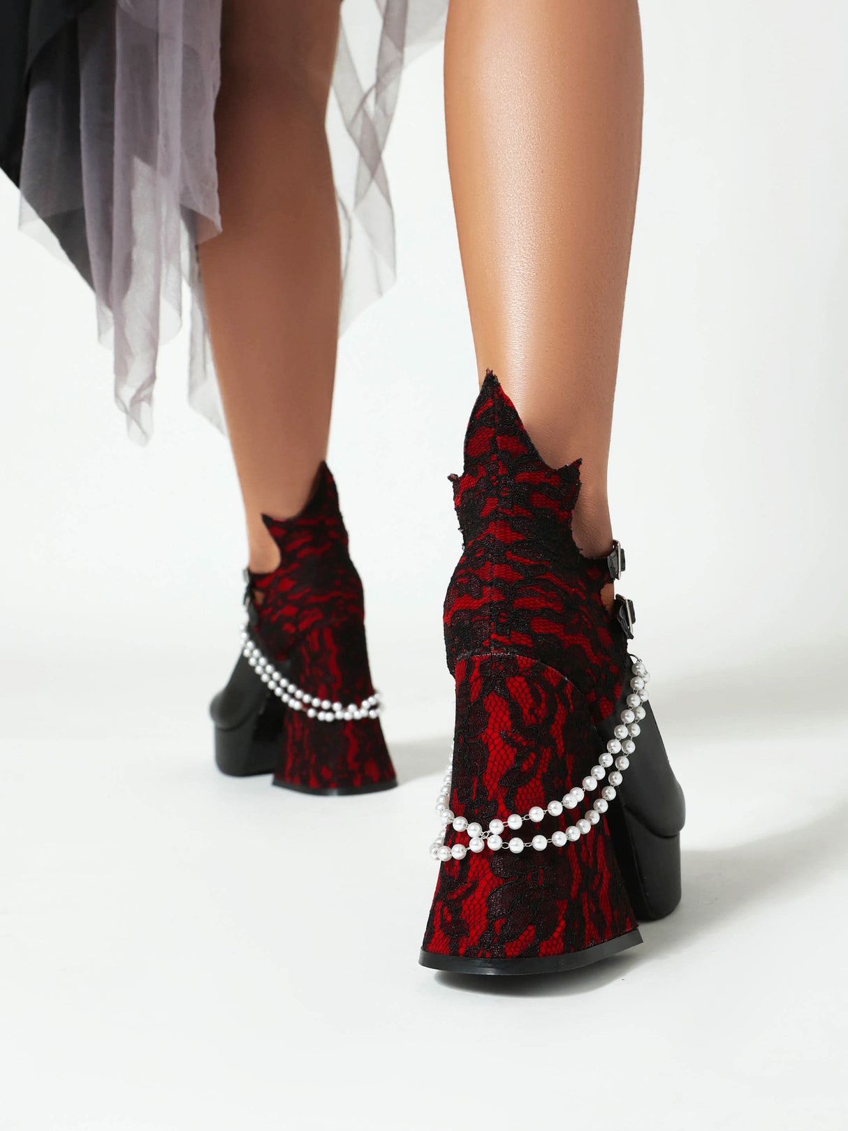 Pearl And Lace-trimmed Mary Jane High Heels