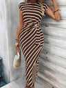 Bandage Stripes Crew Neck Short Sleeve Maxi Dresses