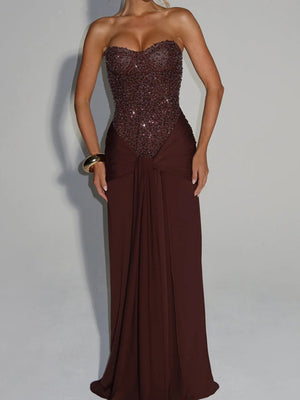 Sequins Tube Top Splicing Bandage Formal Dress Maxi Dresses