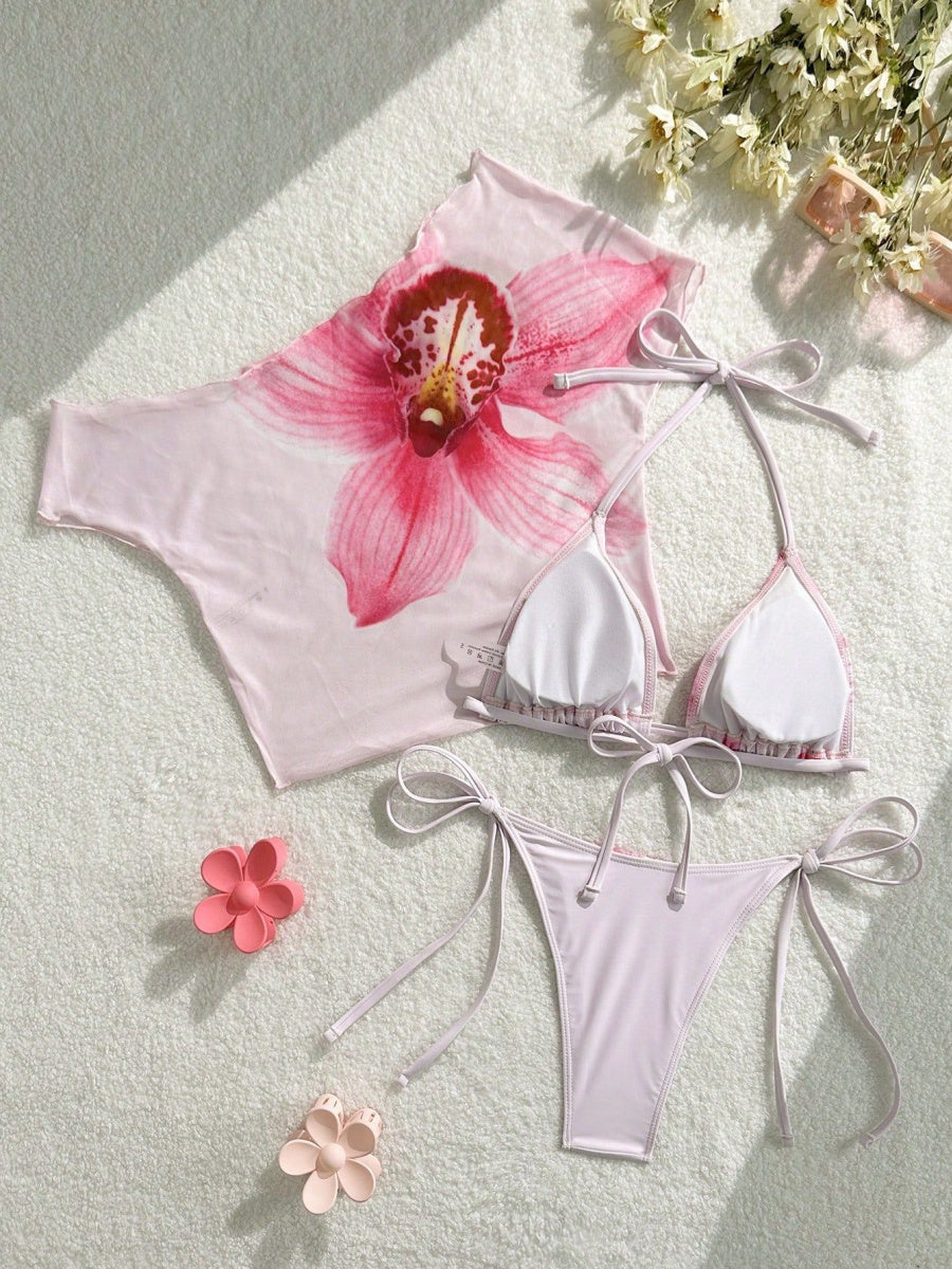 Finalized Floral Print Tie-up Bikini Three-piece Set