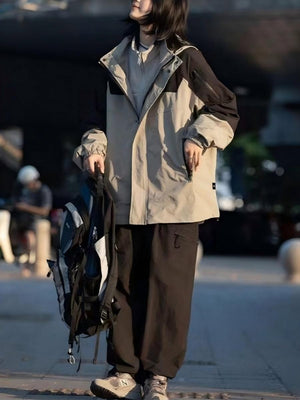 Workwear Style Color Matching Zipper Hooded Coat