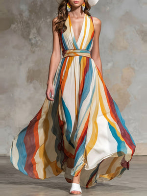 Stripes Wave Deep V Off-shoulder Vacation Maxi Dresses