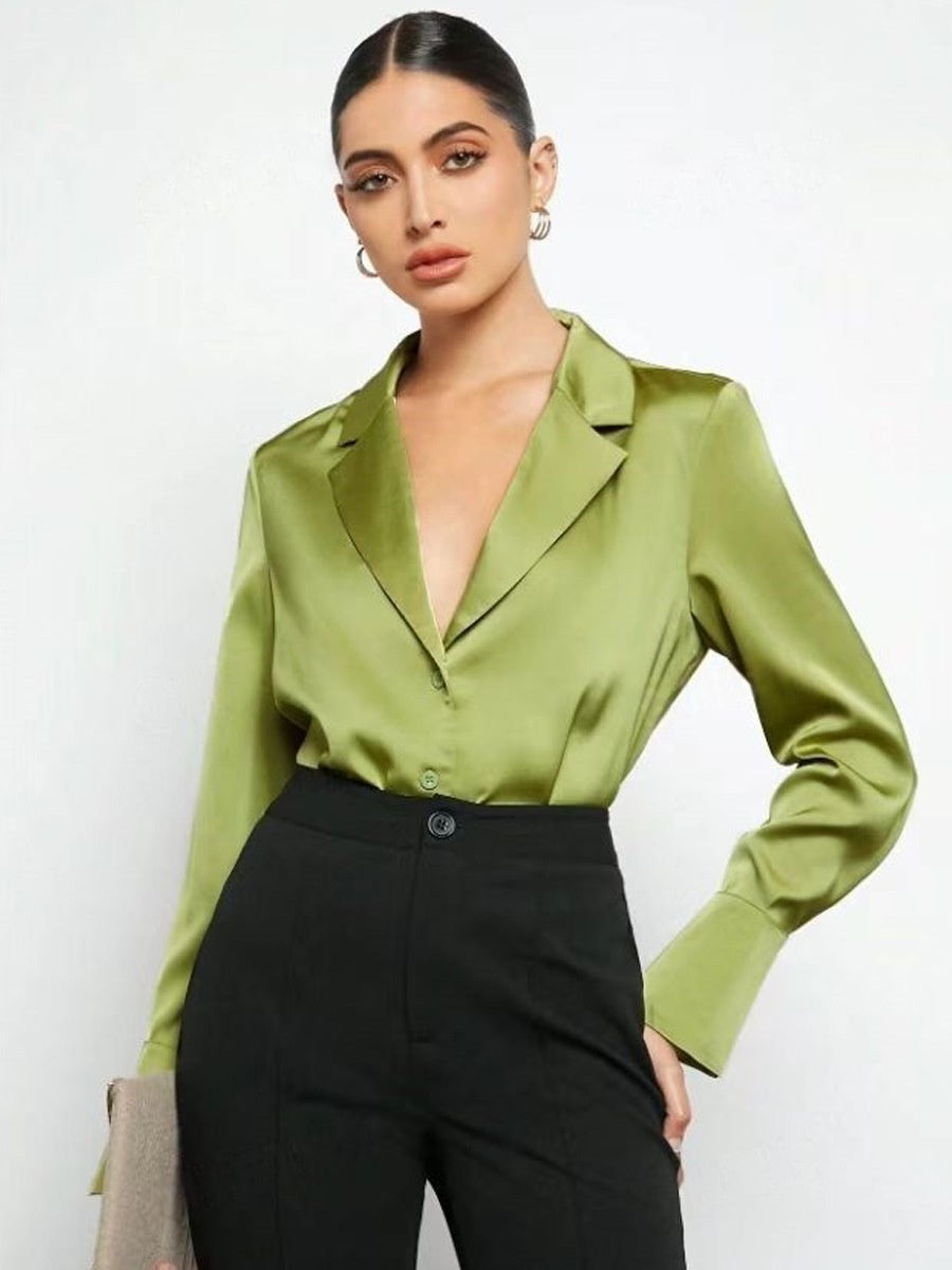 Satin Buttons Solid Color Long Sleeve Shirts