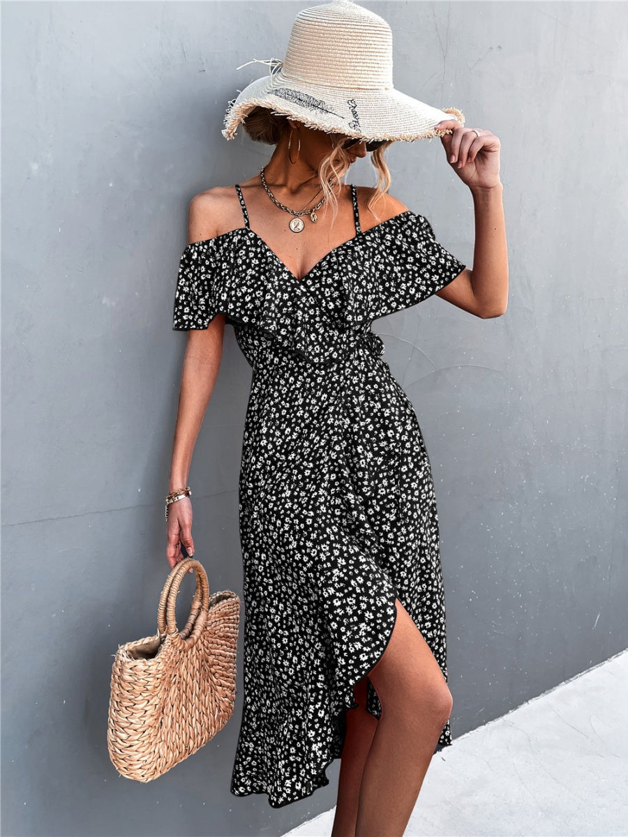 Off-the-shoulder Floral Print Sundress With Ruffles, Midi Length
