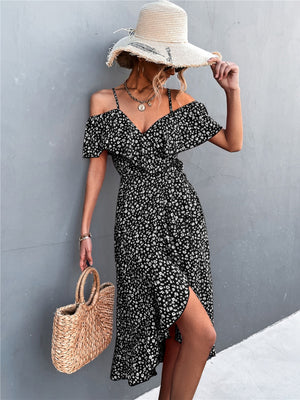 Off-the-shoulder Floral Print Sundress With Ruffles, Midi Length