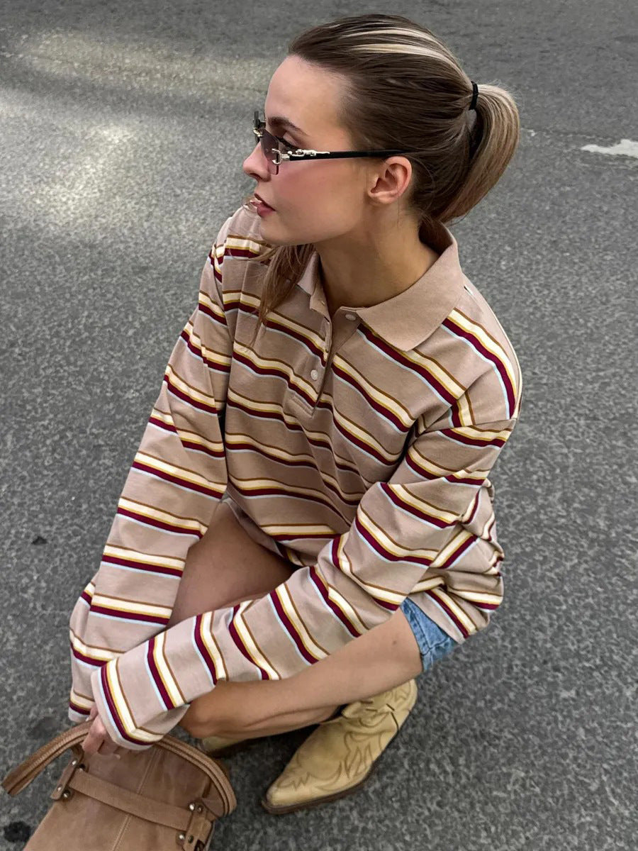 Long-sleeved Striped T-shirt, Polo Collar, Loose-fitting T-shirt